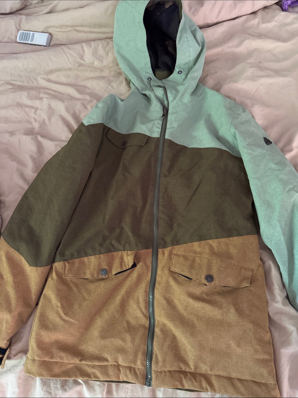 Aperture Colorblock Ski Jacket in Mint, Olive & Brown